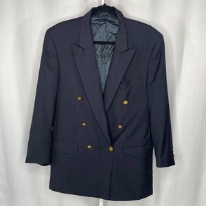 Vintage POLI Double Breasted Navy Blazer 100% Wool Italian Gold Crest Buttons